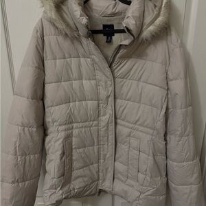 GAP Light Beige Puffer Jacket with Faux Fur Hood